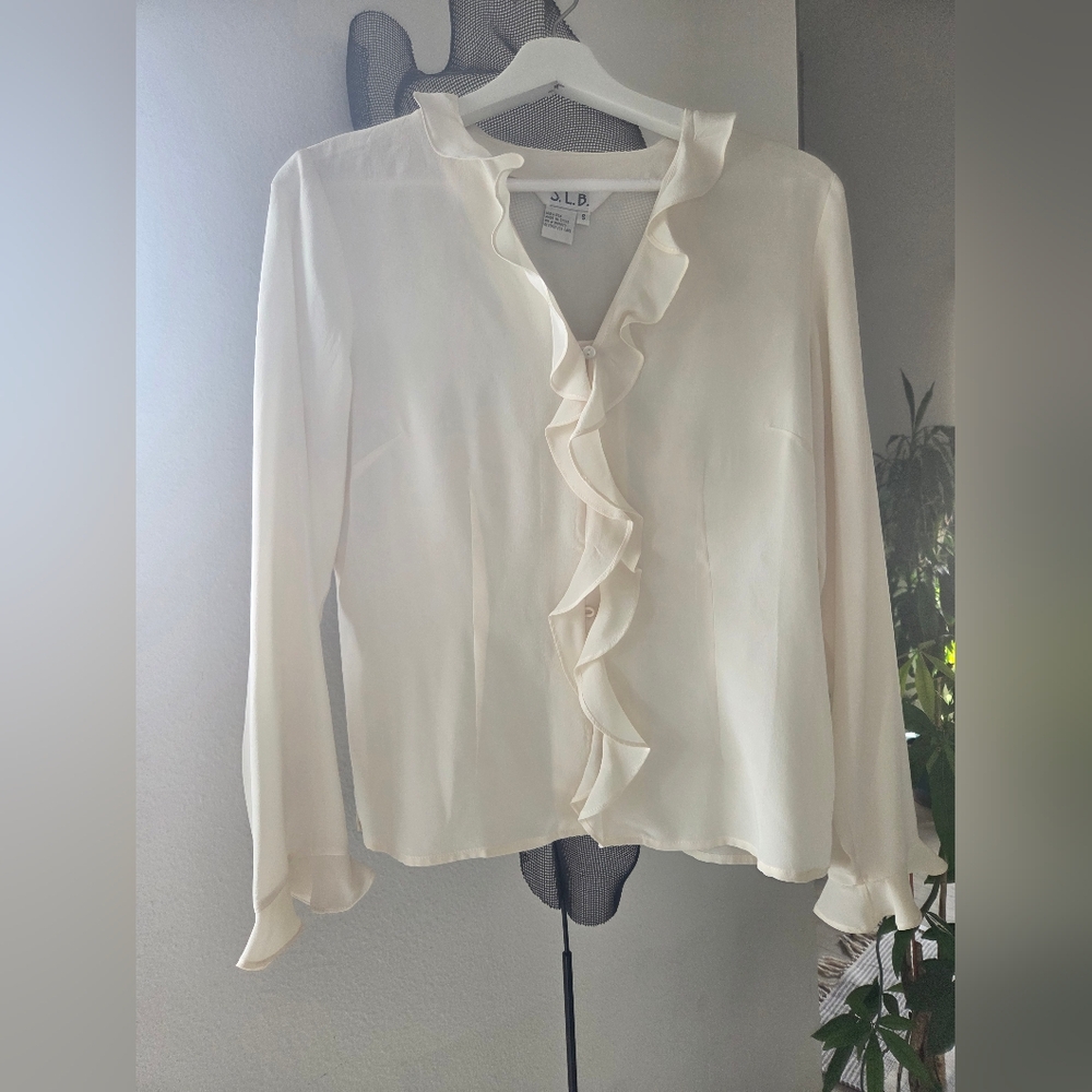 Ivory Ruffle-Front Long Sleeve Blouse